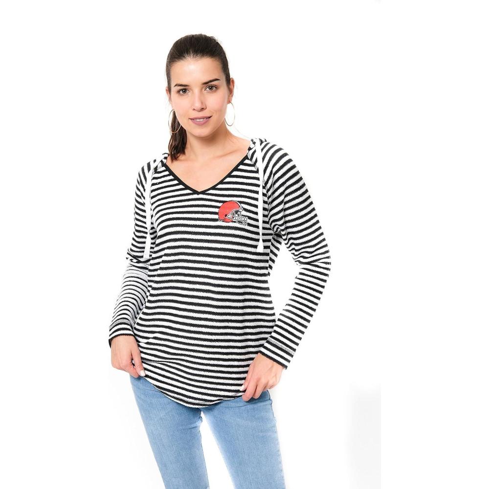 imageUltra Game NFL Womens Scoop VNeck Lightweight Striped Hoodie SweatshirtCleveland Browns