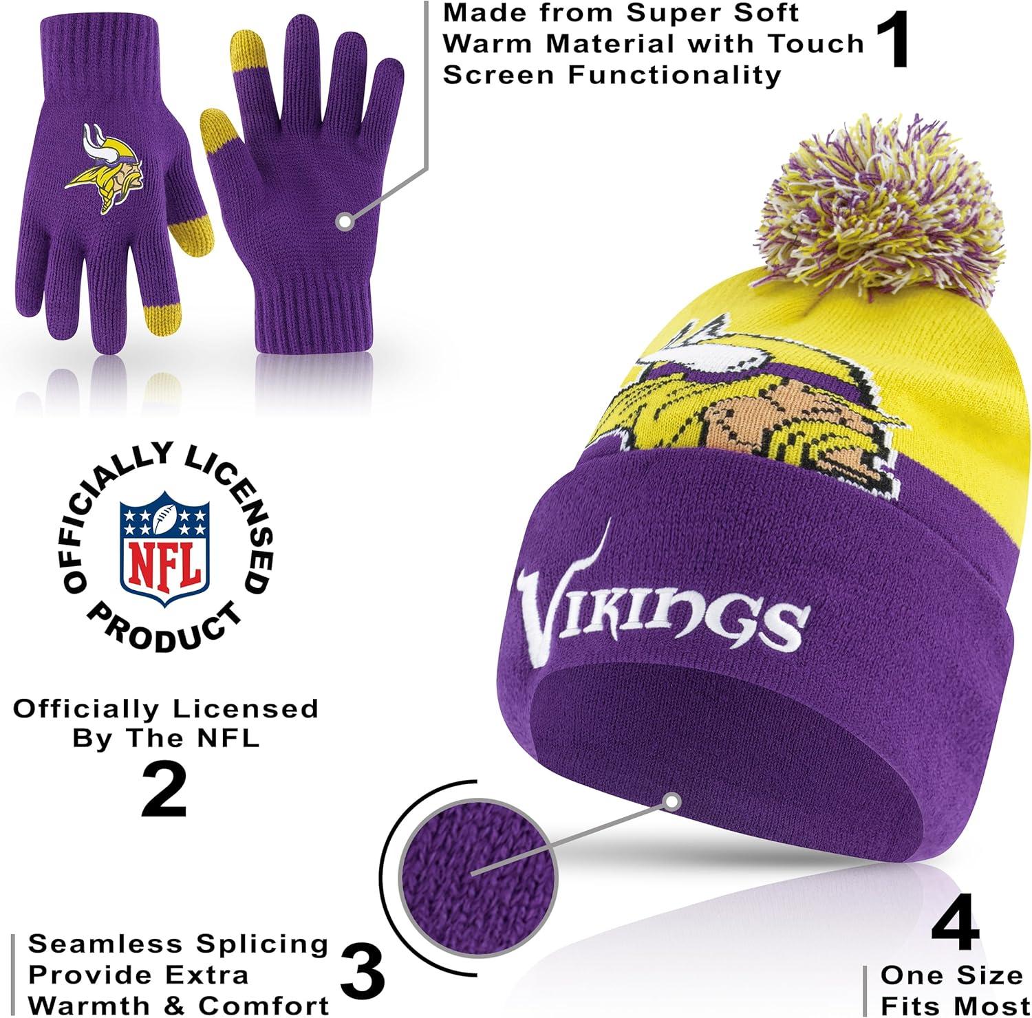 imageUltra Game NFL Official Adults Unisex Super Soft Winter Beanie Knit Hat with Extra Warm Touch Screen Gloves Minnesota Vikings Team Color 2 1SIZE