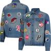 Ultra Game Men’s NBA Official Distressed Multi-Team Denim Patch Jean Jacket(Denim)