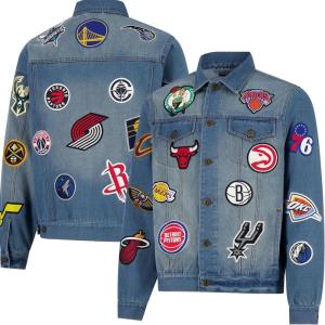 Ultra Game Men’s NBA Official Distressed Multi-Team Denim Patch Jean Jacket(Denim)
